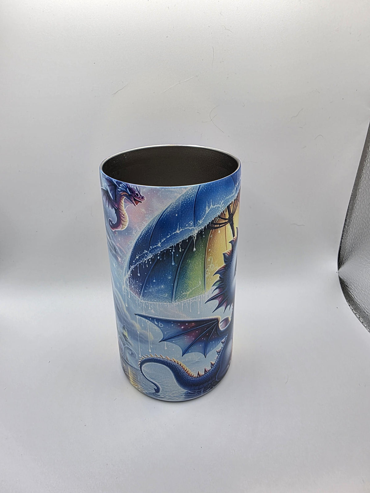12 Ounce Kids Tumbler with lid and straw and box Dragon in the rain