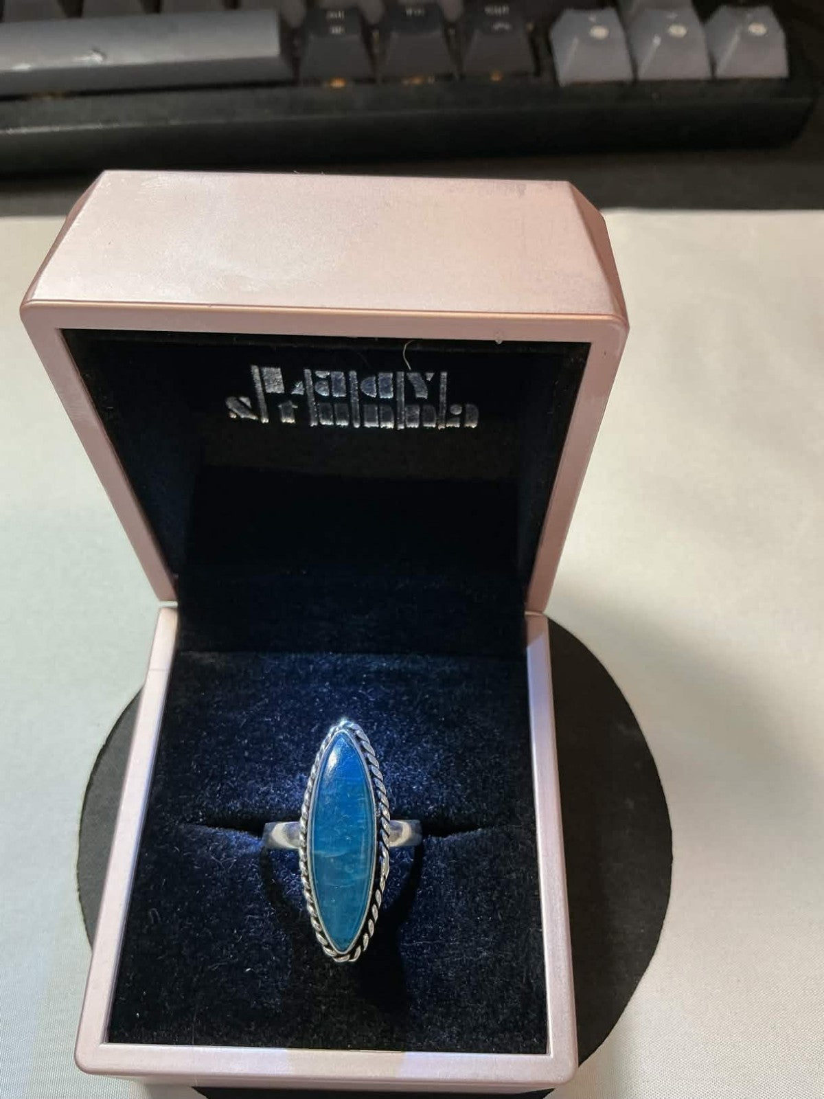 vintage Native American style sterling silver ring featuring a marquis-shaped tu