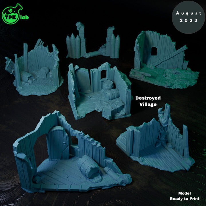 Unpainted Destroyed Village for Creative Play