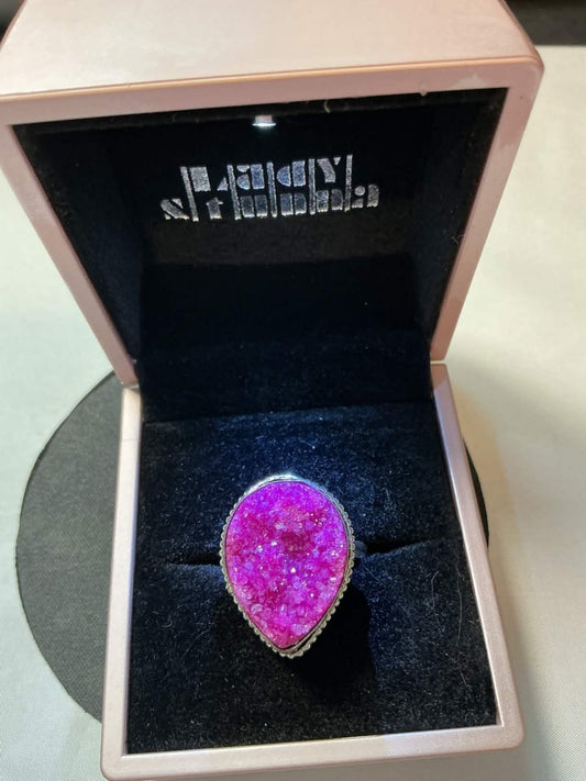 handmade hot pink Cobaltian Calcite Druzy ring set in 925 sterling silver.