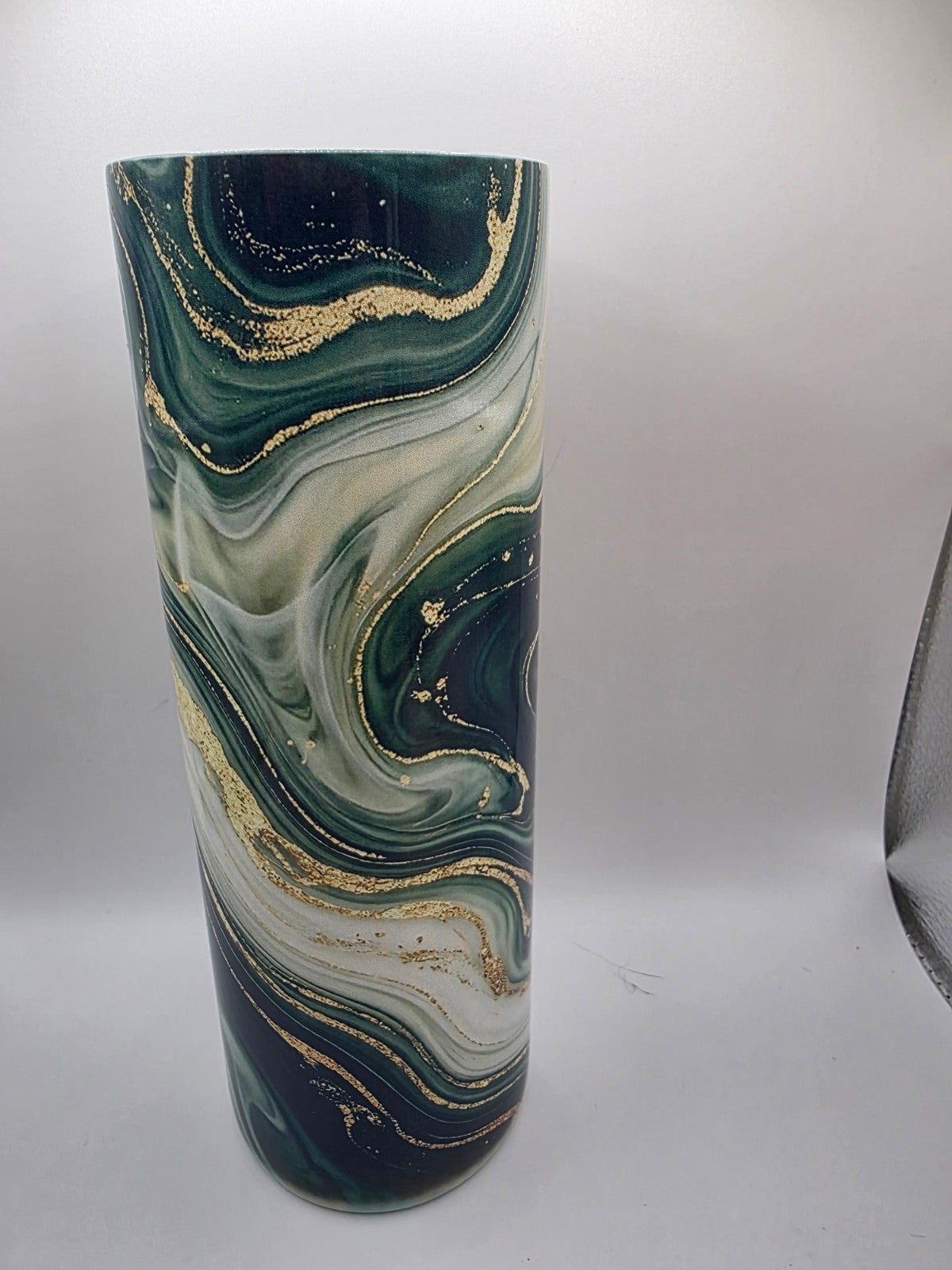 20 Ounce Metal Tumbler with lid and straw and box  Green and Gold Swirl