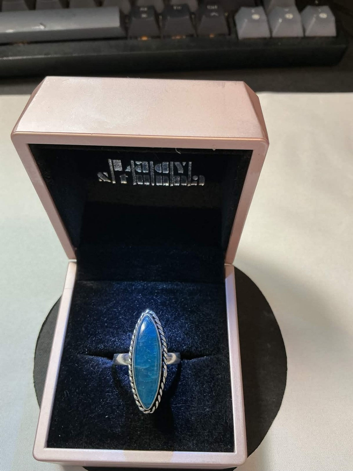 vintage Native American style sterling silver ring featuring a marquis-shaped tu