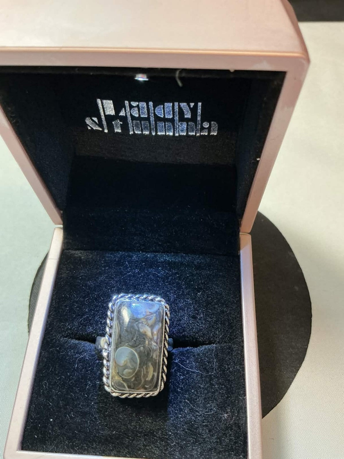 sterling silver ring features a rectangular dendritic agate stone, often referre