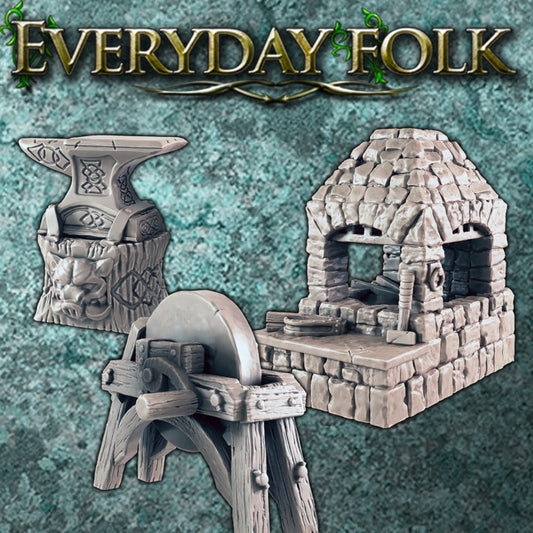 Unpainted Blacksmith Forge, Anvil, and Grindstone - Everyday Folk