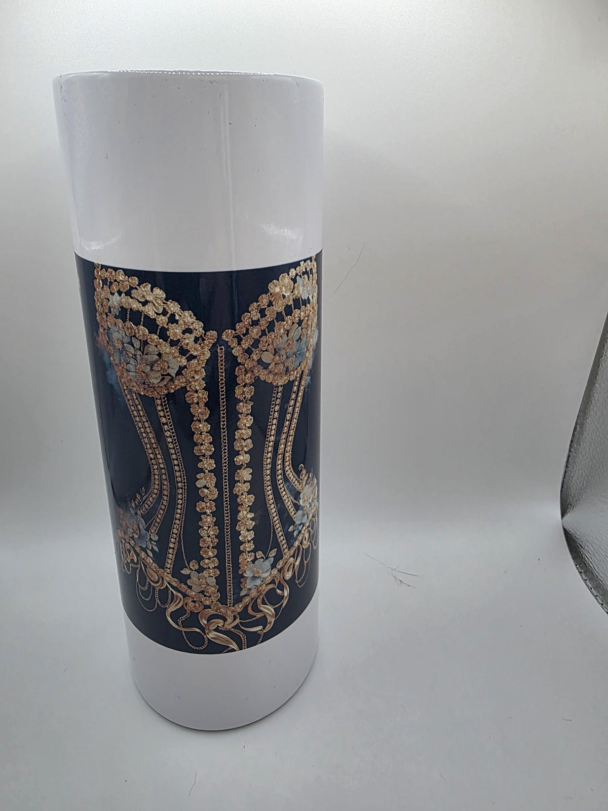 20 Ounce Metal Tumbler with lid and straw and box Pearl Corset