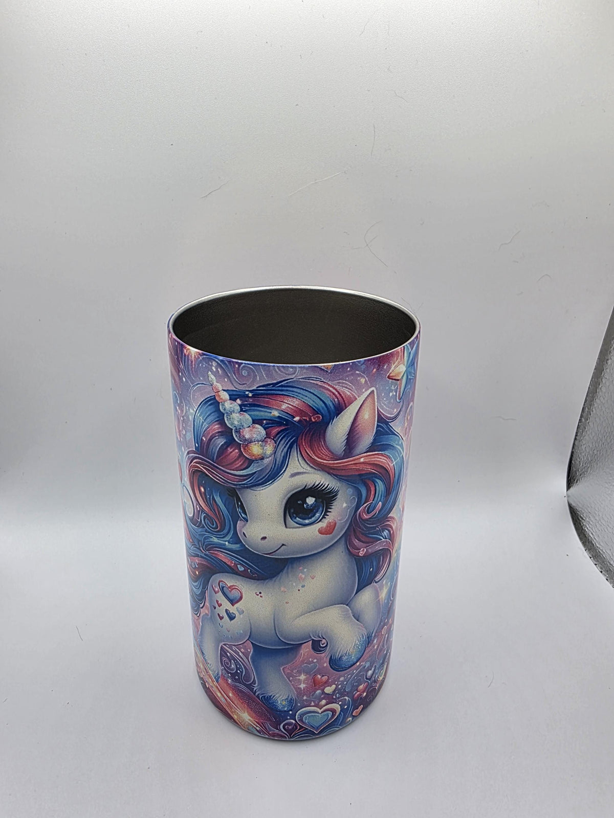 12 Ounce Kids Tumbler with lid and straw and box Unicorn and hearts