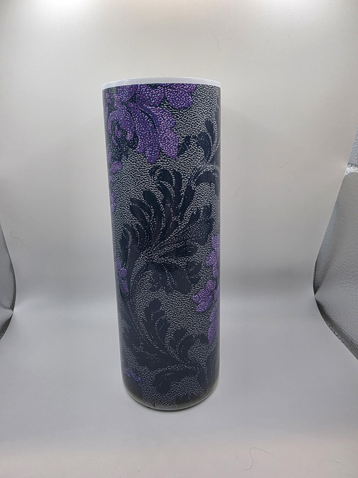 20 Ounce Tumbler with lid and straw and box Purple and grey  clover